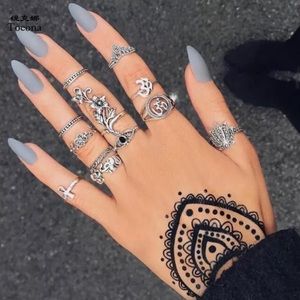 Dharma Flower Elephant 12 pc Silver Tone Ring Set